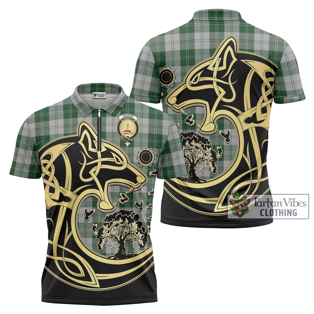 Erskine Green Tartan Zipper Polo Shirt with Family Crest Celtic Wolf Style Unisex - Tartanvibesclothing Shop