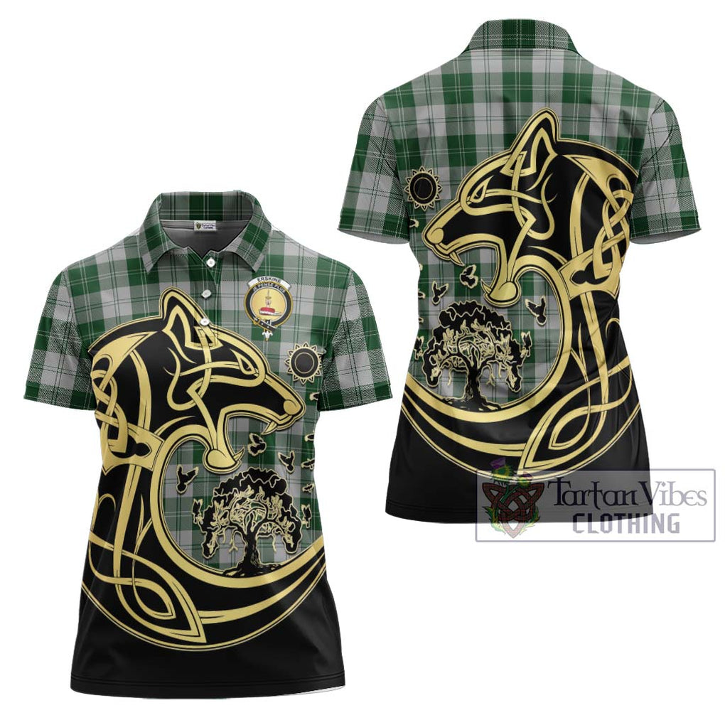 Erskine Green Tartan Women's Polo Shirt with Family Crest Celtic Wolf Style Women - Tartanvibesclothing Shop