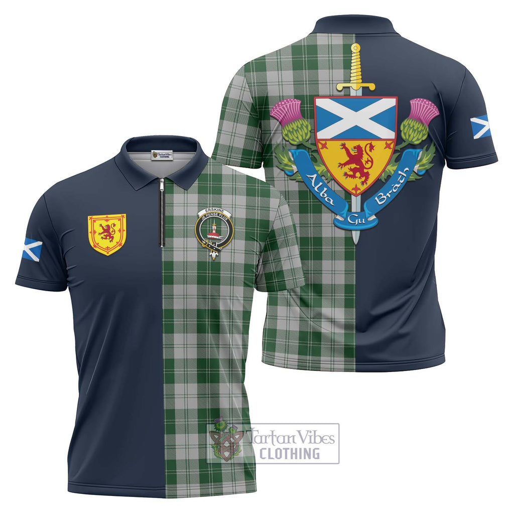 Tartan Vibes Clothing Erskine Green Tartan Zipper Polo Shirt with Scottish Lion Royal Arm Half Style