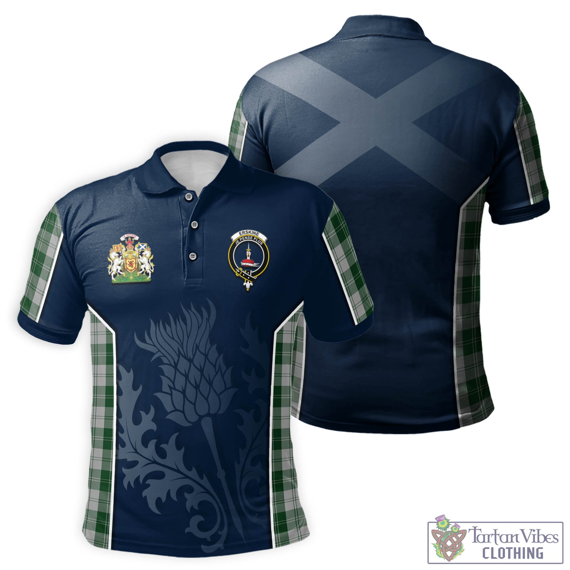 Tartan Vibes Clothing Erskine Green Tartan Men's Polo Shirt with Family Crest and Scottish Thistle Vibes Sport Style