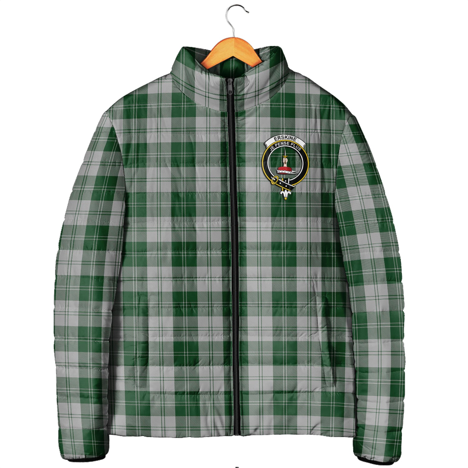 Erskine Green Tartan Padded Jacket with Family Crest Men's Padded Jacket - Tartan Vibes Clothing