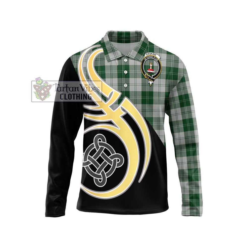 Erskine Green Tartan Long Sleeve Polo Shirt with Family Crest and Celtic Symbol Style Unisex - Tartan Vibes Clothing