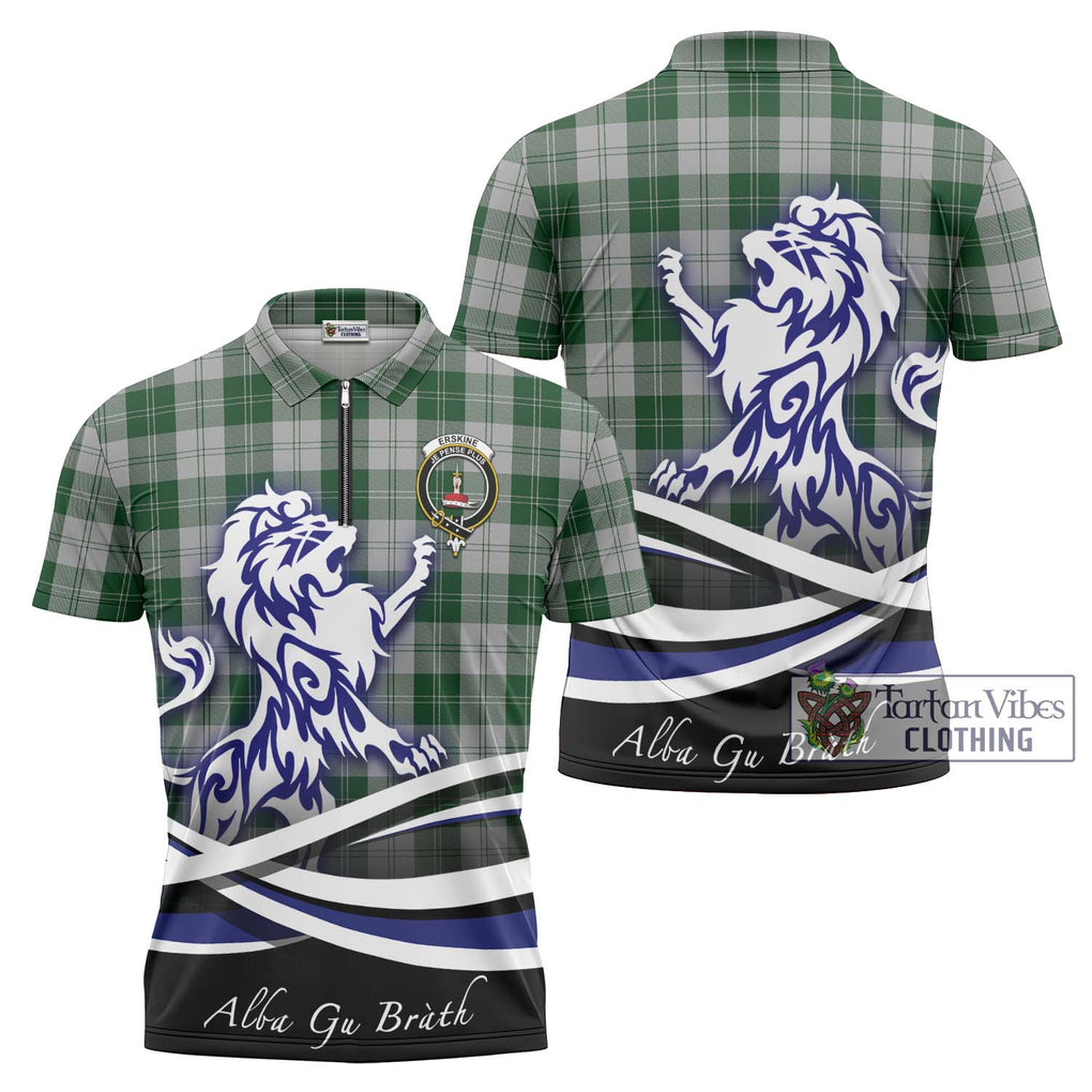 Erskine Green Tartan Zipper Polo Shirt with Alba Gu Brath Regal Lion Emblem Unisex - Tartanvibesclothing Shop