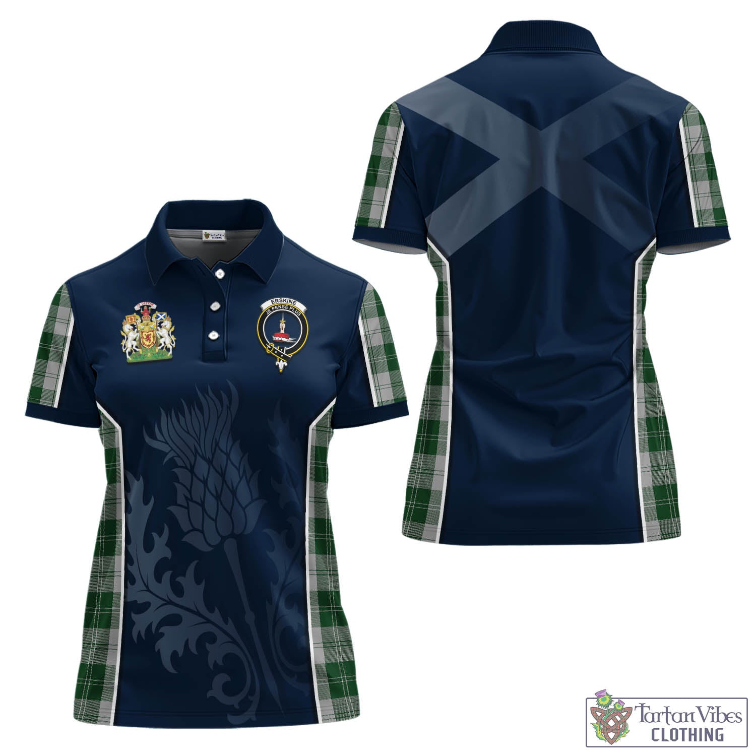 Tartan Vibes Clothing Erskine Green Tartan Women's Polo Shirt with Family Crest and Scottish Thistle Vibes Sport Style