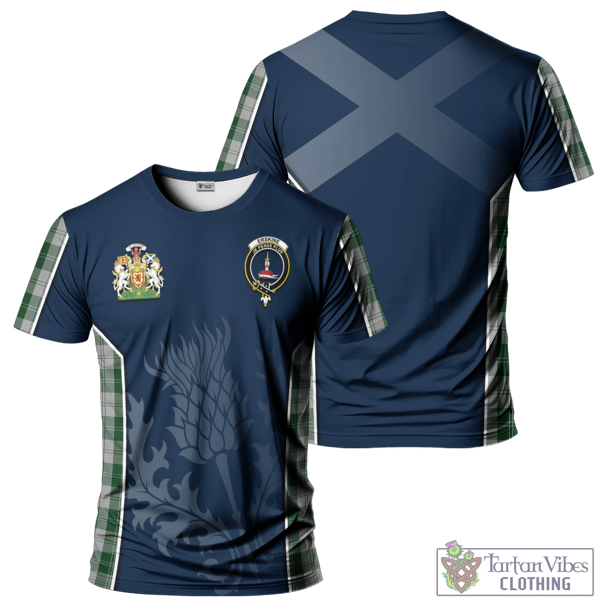 Tartan Vibes Clothing Erskine Green Tartan T-Shirt with Family Crest and Scottish Thistle Vibes Sport Style