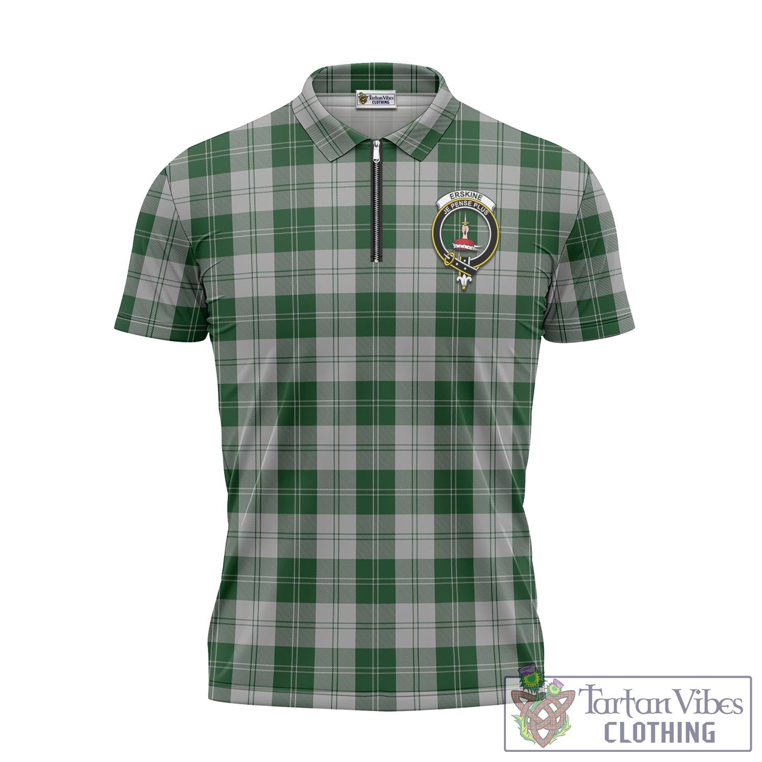 Tartan Vibes Clothing Erskine Green Tartan Zipper Polo Shirt with Family Crest