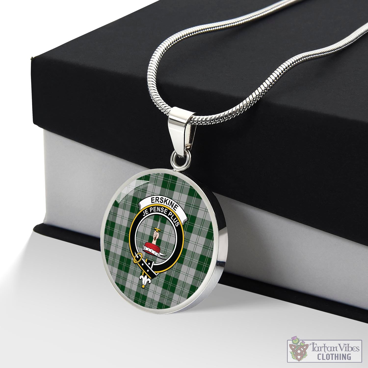 Tartan Vibes Clothing Erskine Green Tartan Circle Necklace with Family Crest