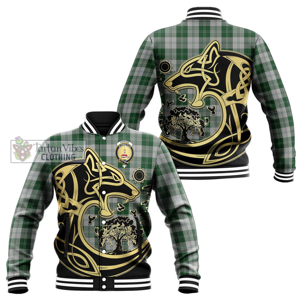 Erskine Green Tartan Baseball Jacket with Family Crest Celtic Wolf Style Unisex - Tartan Vibes Clothing