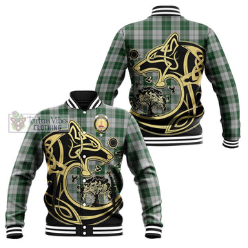 Erskine Green Tartan Baseball Jacket with Family Crest Celtic Wolf Style