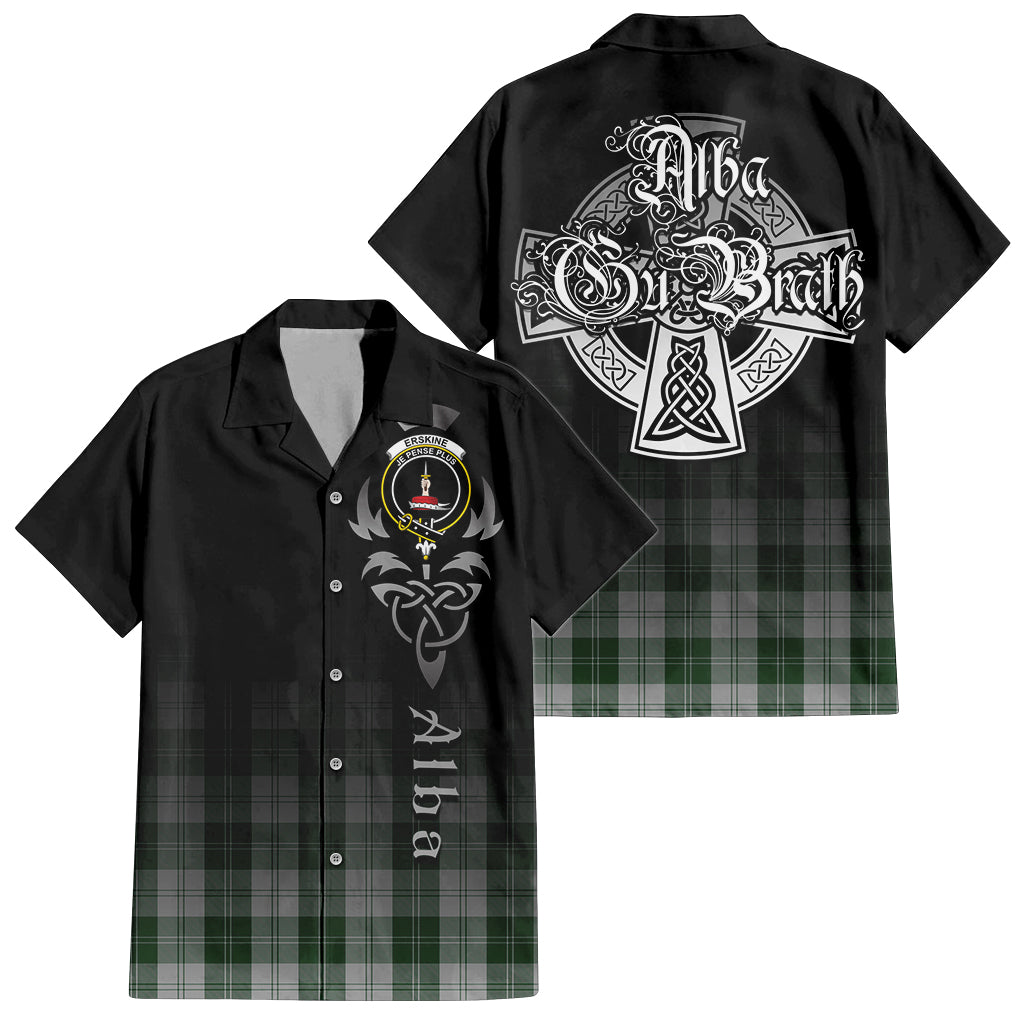 Tartan Vibes Clothing Erskine Green Tartan Short Sleeve Button Up Featuring Alba Gu Brath Family Crest Celtic Inspired