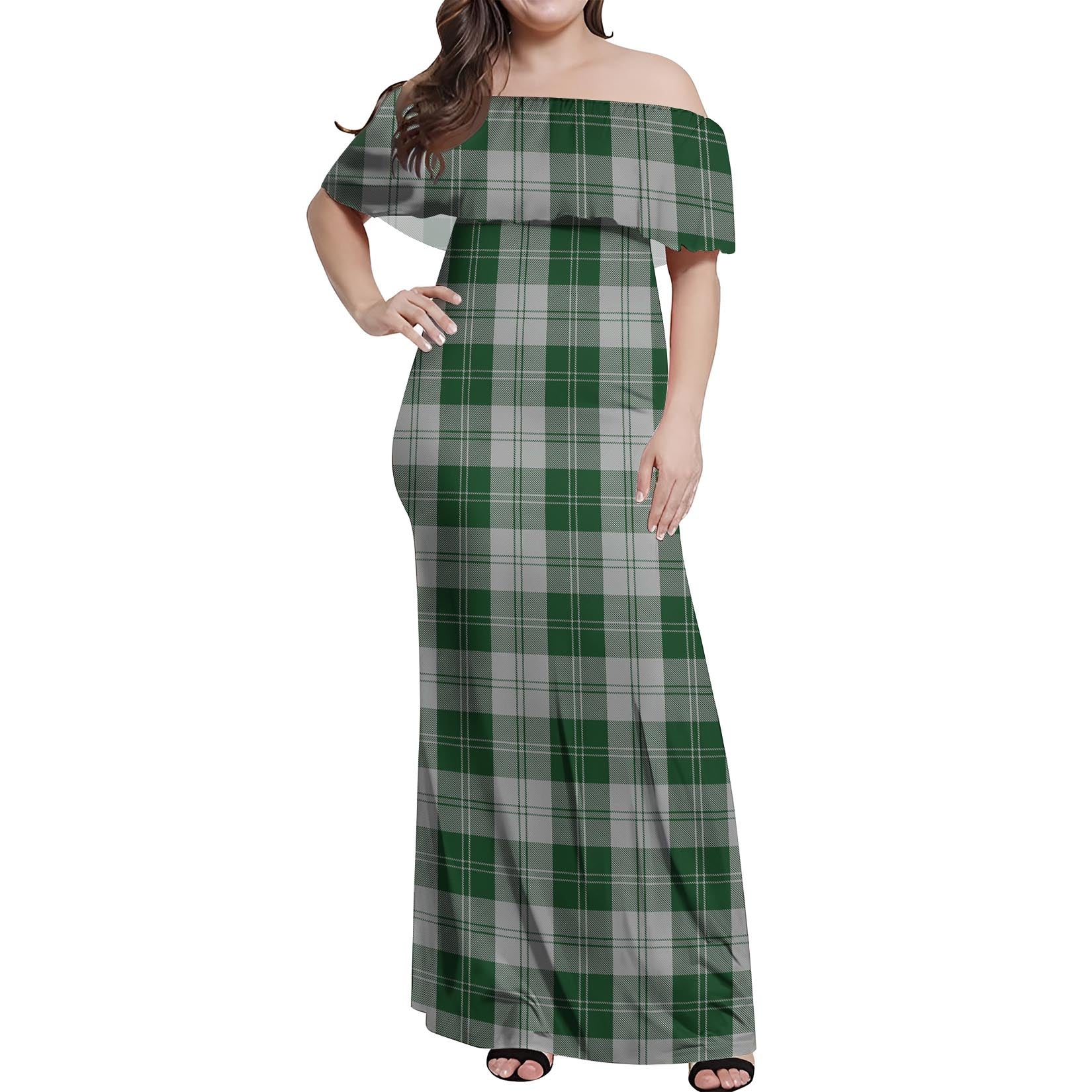 Erskine Green Tartan Off Shoulder Long Dress Women's Dress - Tartanvibesclothing