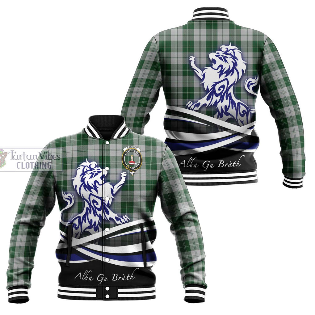 Erskine Green Tartan Baseball Jacket with Alba Gu Brath Regal Lion Emblem Unisex - Tartanvibesclothing Shop