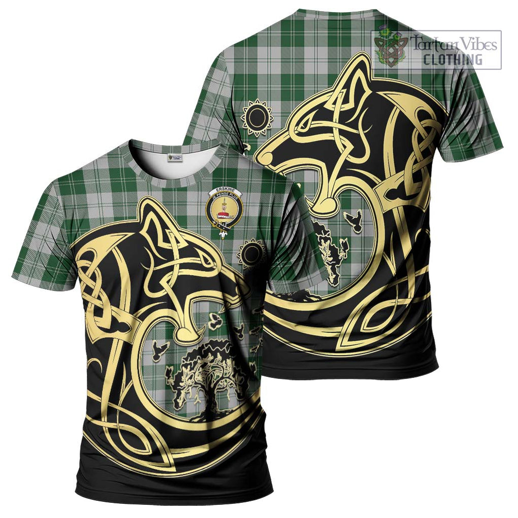 Erskine Green Tartan T-Shirt with Family Crest Celtic Wolf Style Kid's Shirt - Tartan Vibes Clothing