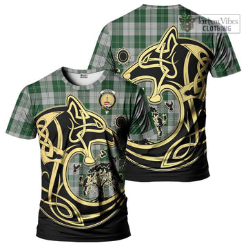 Erskine Green Tartan T-Shirt with Family Crest Celtic Wolf Style