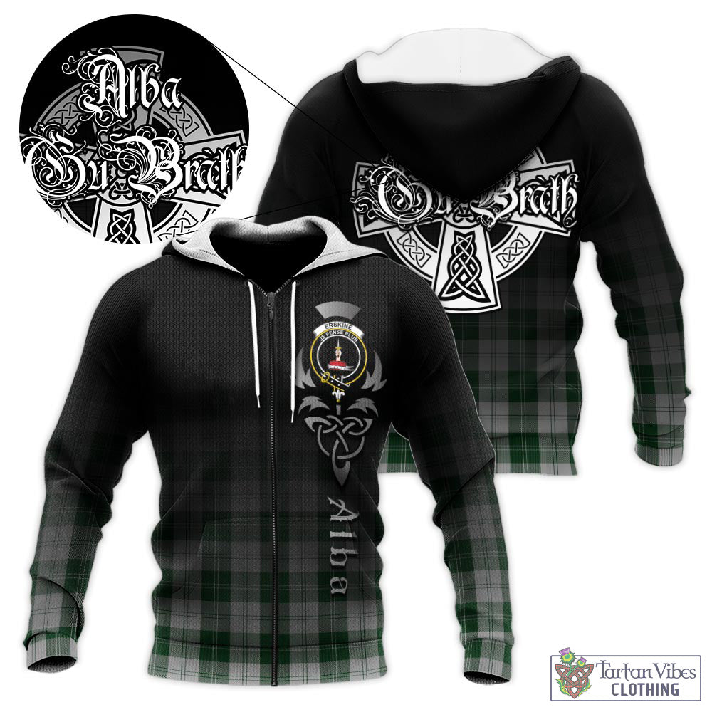 Tartan Vibes Clothing Erskine Green Tartan Knitted Hoodie Featuring Alba Gu Brath Family Crest Celtic Inspired