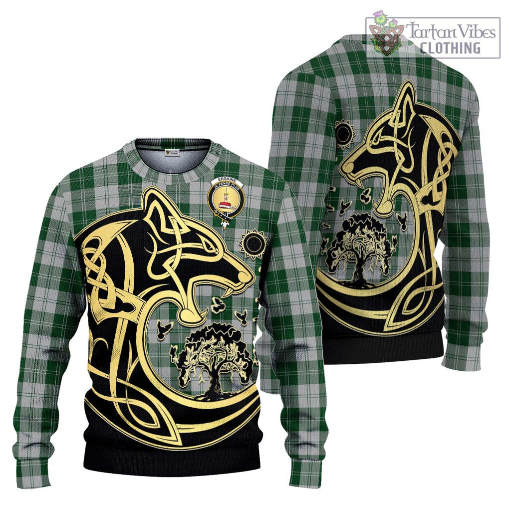 Erskine Green Tartan Knitted Sweater with Family Crest Celtic Wolf Style Unisex - Tartan Vibes Clothing