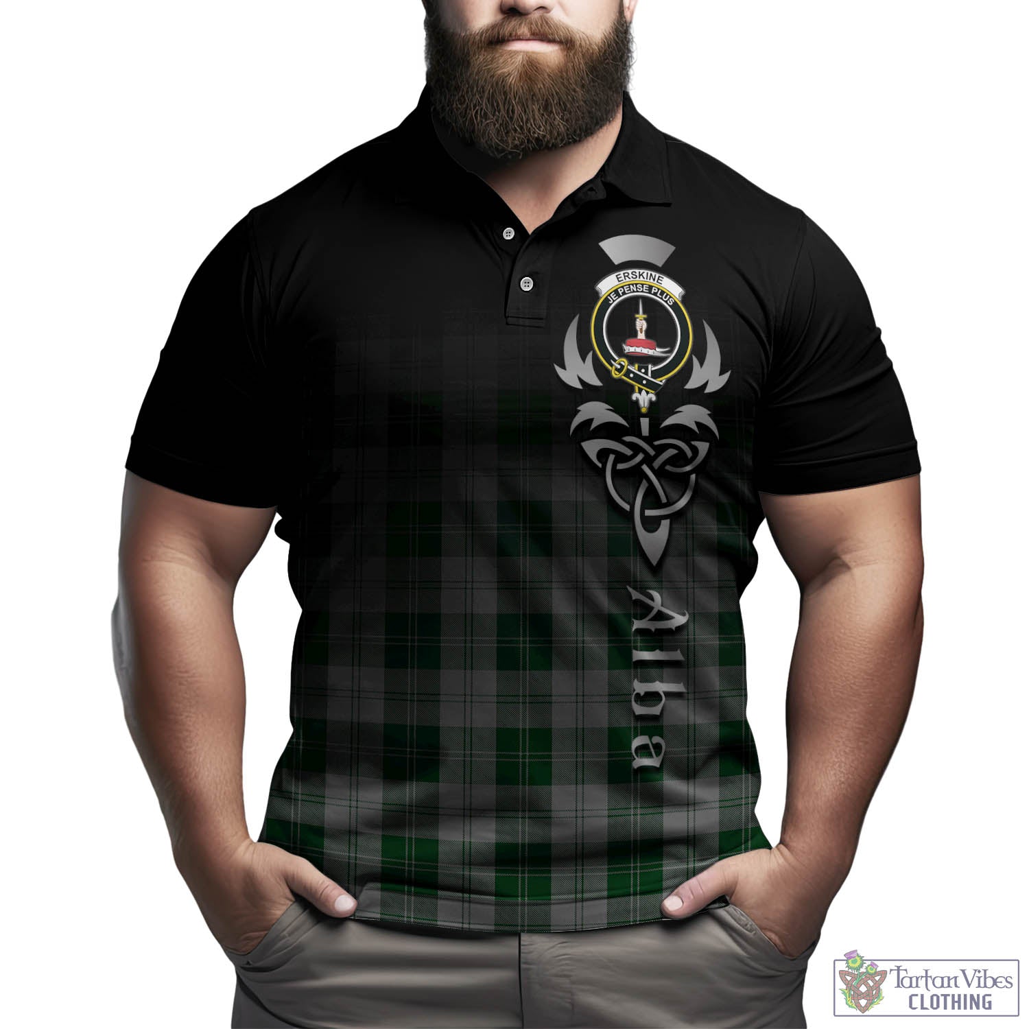 Tartan Vibes Clothing Erskine Green Tartan Polo Shirt Featuring Alba Gu Brath Family Crest Celtic Inspired