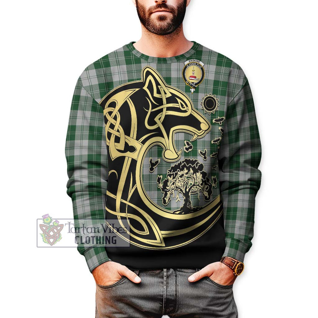 Erskine Green Tartan Sweatshirt with Family Crest Celtic Wolf Style Unisex - Tartan Vibes Clothing