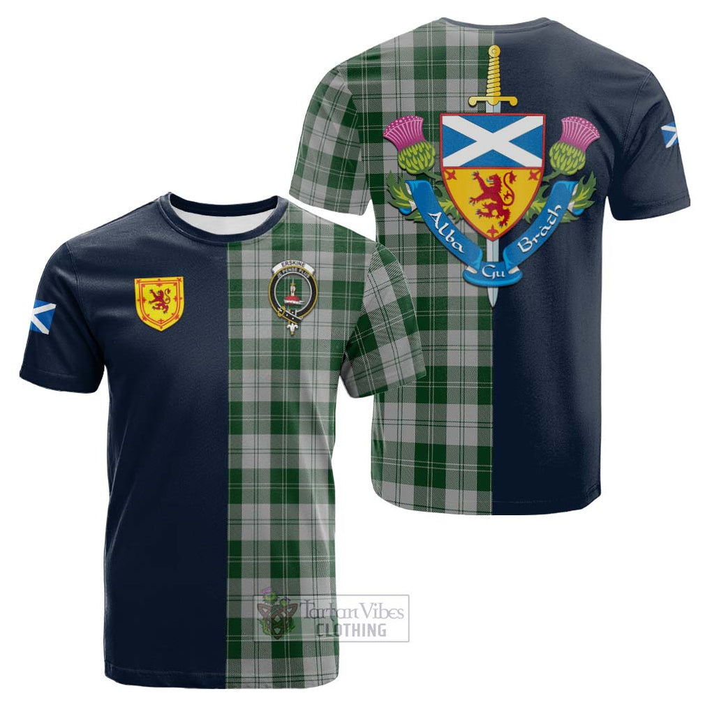 Tartan Vibes Clothing Erskine Green Tartan Cotton T-shirt with Scottish Lion Royal Arm Half Style