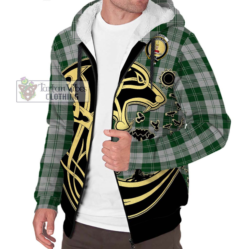 Erskine Green Tartan Sherpa Hoodie with Family Crest Celtic Wolf Style Unisex S - Tartan Vibes Clothing