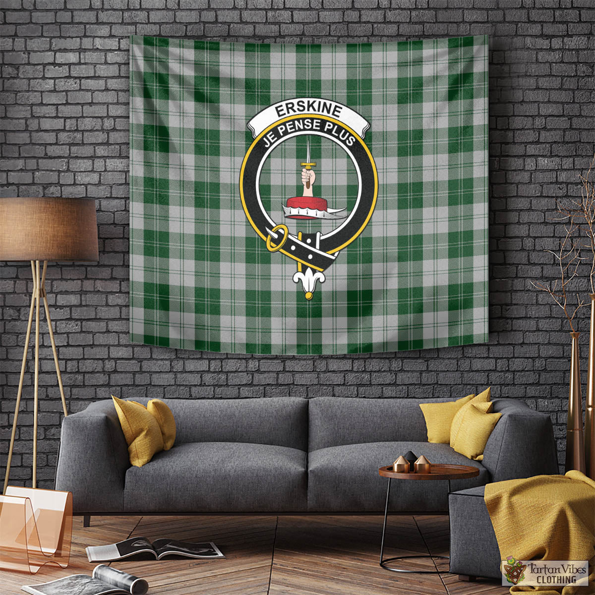 Tartan Vibes Clothing Erskine Green Tartan Tapestry Wall Hanging and Home Decor for Room with Family Crest