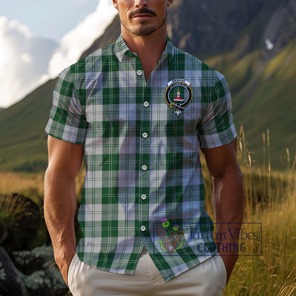 Erskine Green Tartan Cotton Hawaiian Shirt with Family Crest Adult - Tartan Vibes Clothing