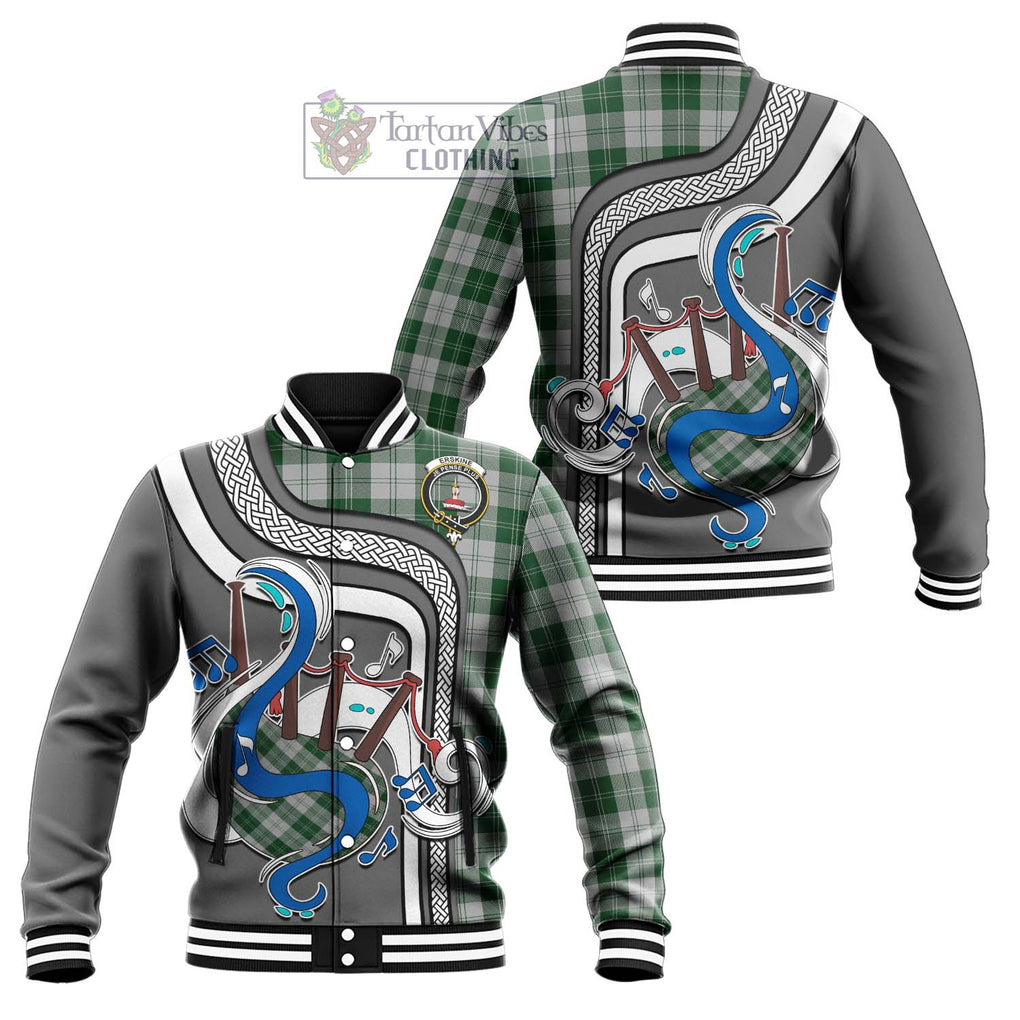 Tartan Vibes Clothing Erskine Green Tartan Baseball Jacket with Epic Bagpipe Style