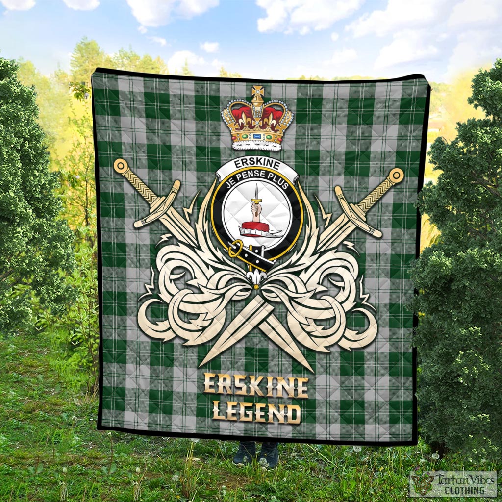 Tartan Vibes Clothing Erskine Green Tartan Quilt with Clan Crest and the Golden Sword of Courageous Legacy