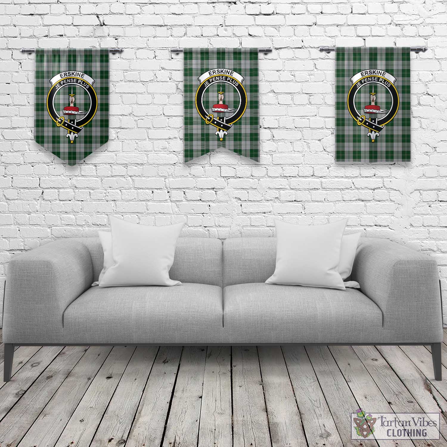 Tartan Vibes Clothing Erskine Green Tartan Gonfalon, Tartan Banner with Family Crest