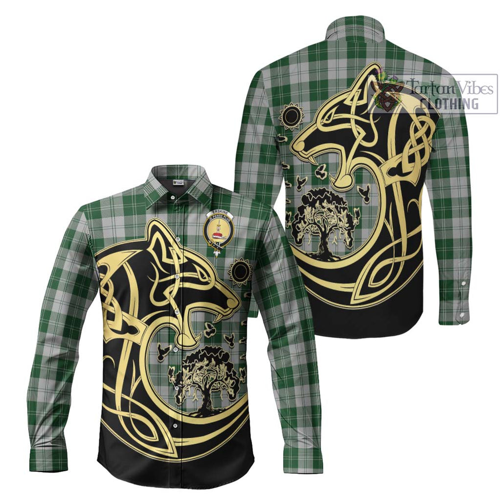 Erskine Green Tartan Long Sleeve Button Shirt with Family Crest Celtic Wolf Style Men's Shirt S - Tartan Vibes Clothing