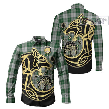 Erskine Green Tartan Long Sleeve Button Shirt with Family Crest Celtic Wolf Style