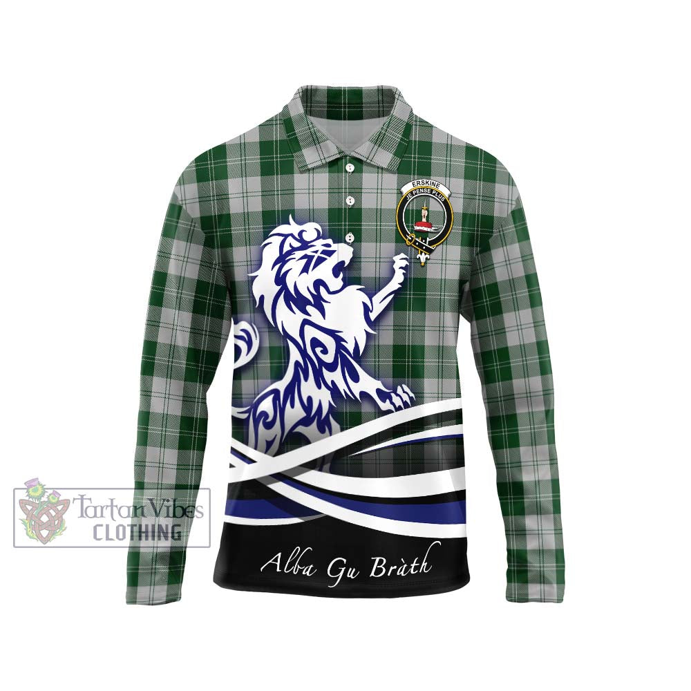 Erskine Green Tartan Long Sleeve Polo Shirt with Alba Gu Brath Regal Lion Emblem Unisex - Tartanvibesclothing Shop