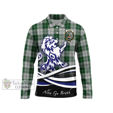 Erskine Green Tartan Long Sleeve Polo Shirt with Alba Gu Brath Regal Lion Emblem