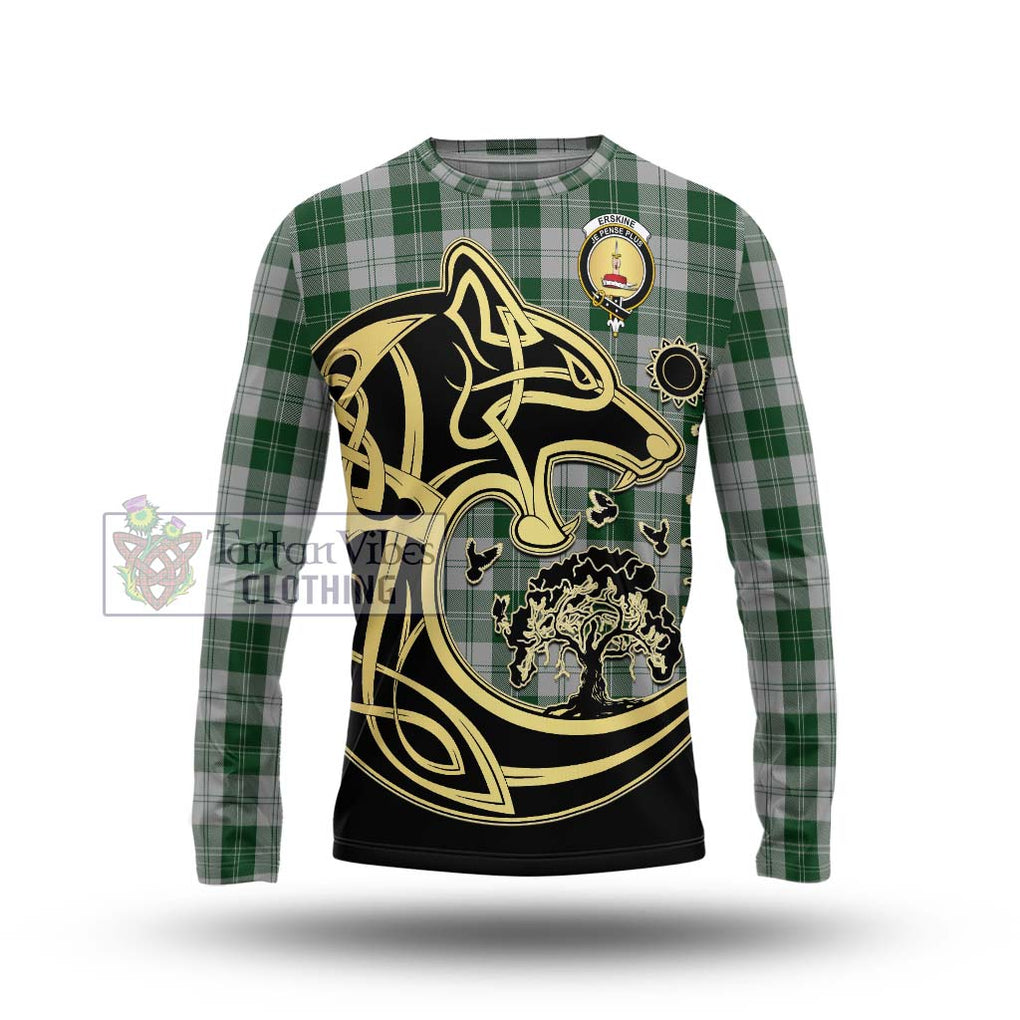 Erskine Green Tartan Long Sleeve T-Shirt with Family Crest Celtic Wolf Style Unisex - Tartan Vibes Clothing