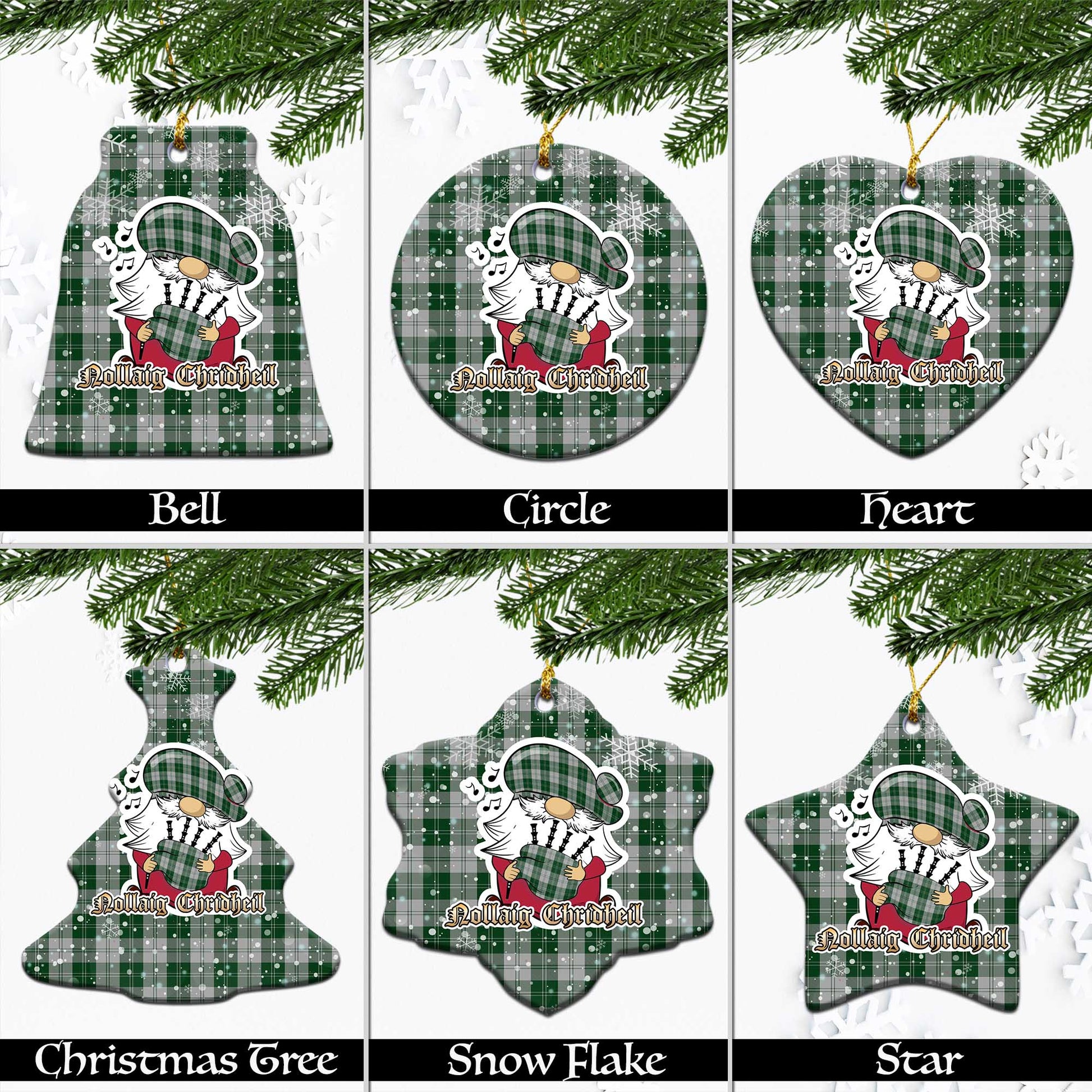 Erskine Green Tartan Christmas Ornaments with Scottish Gnome Playing Bagpipes Ceramic - Tartanvibesclothing