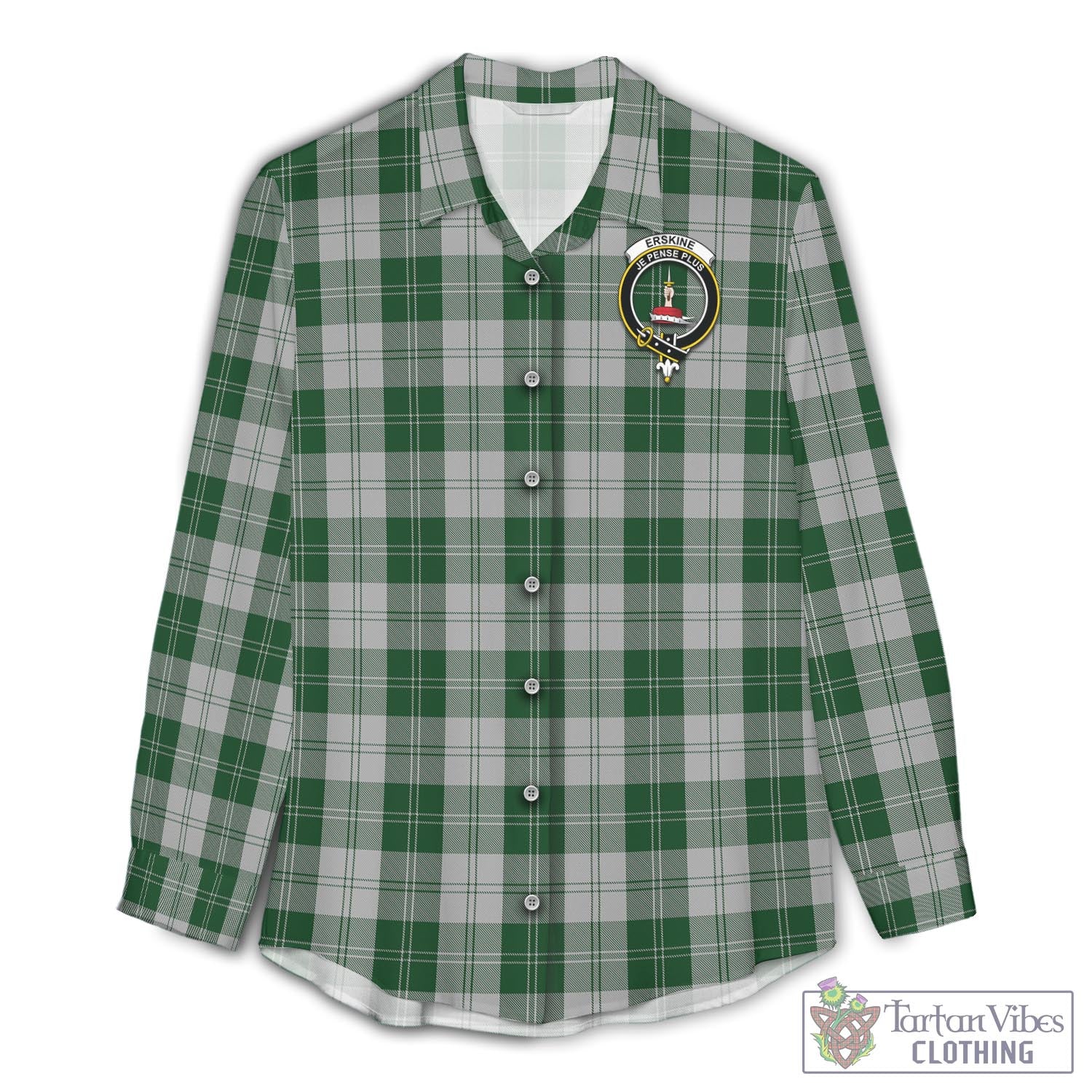 Tartan Vibes Clothing Erskine Green Tartan Womens Casual Shirt with Family Crest