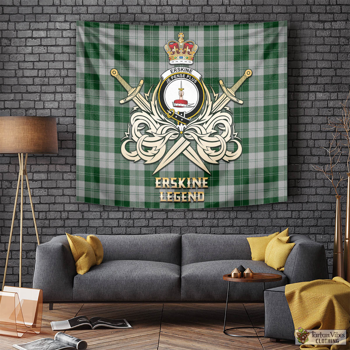 Tartan Vibes Clothing Erskine Green Tartan Tapestry with Clan Crest and the Golden Sword of Courageous Legacy