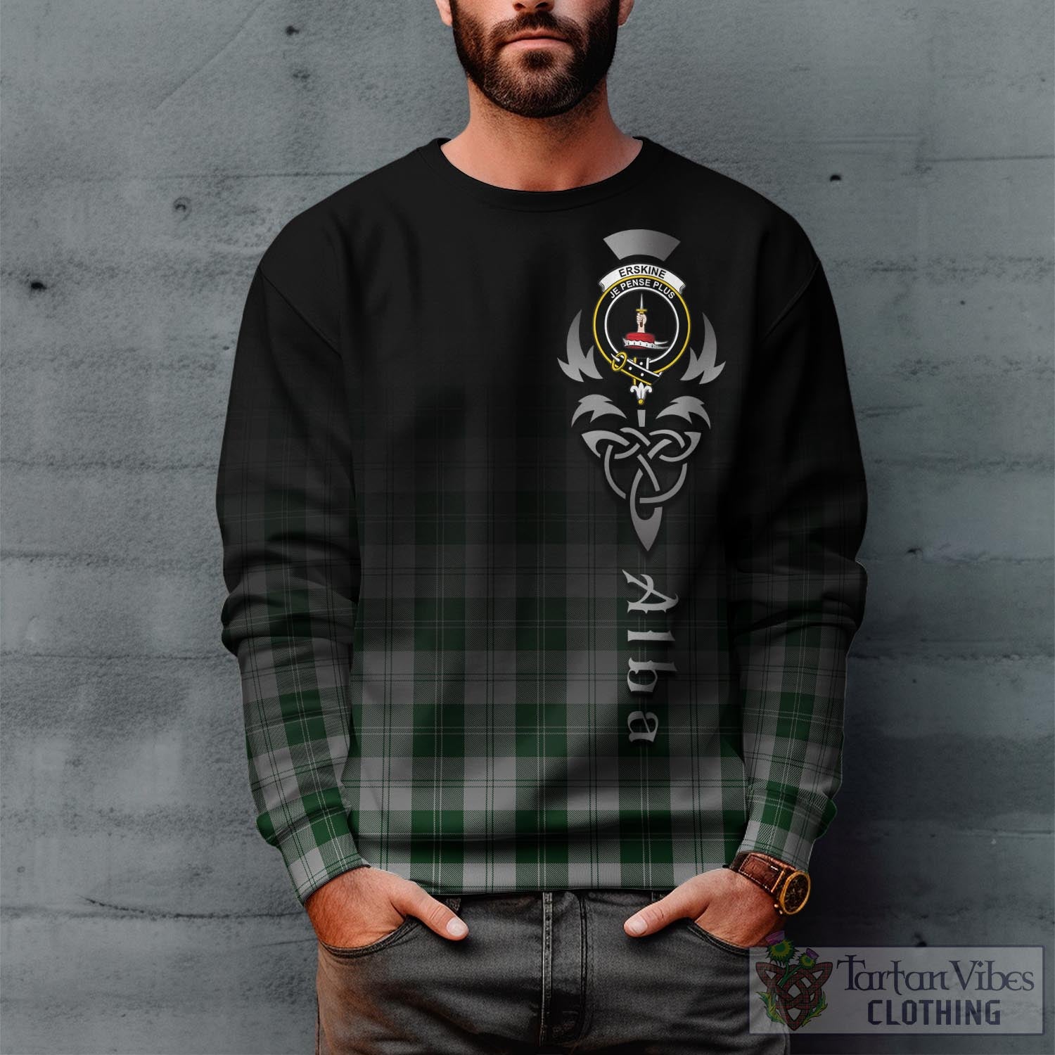 Tartan Vibes Clothing Erskine Green Tartan Sweatshirt Featuring Alba Gu Brath Family Crest Celtic Inspired