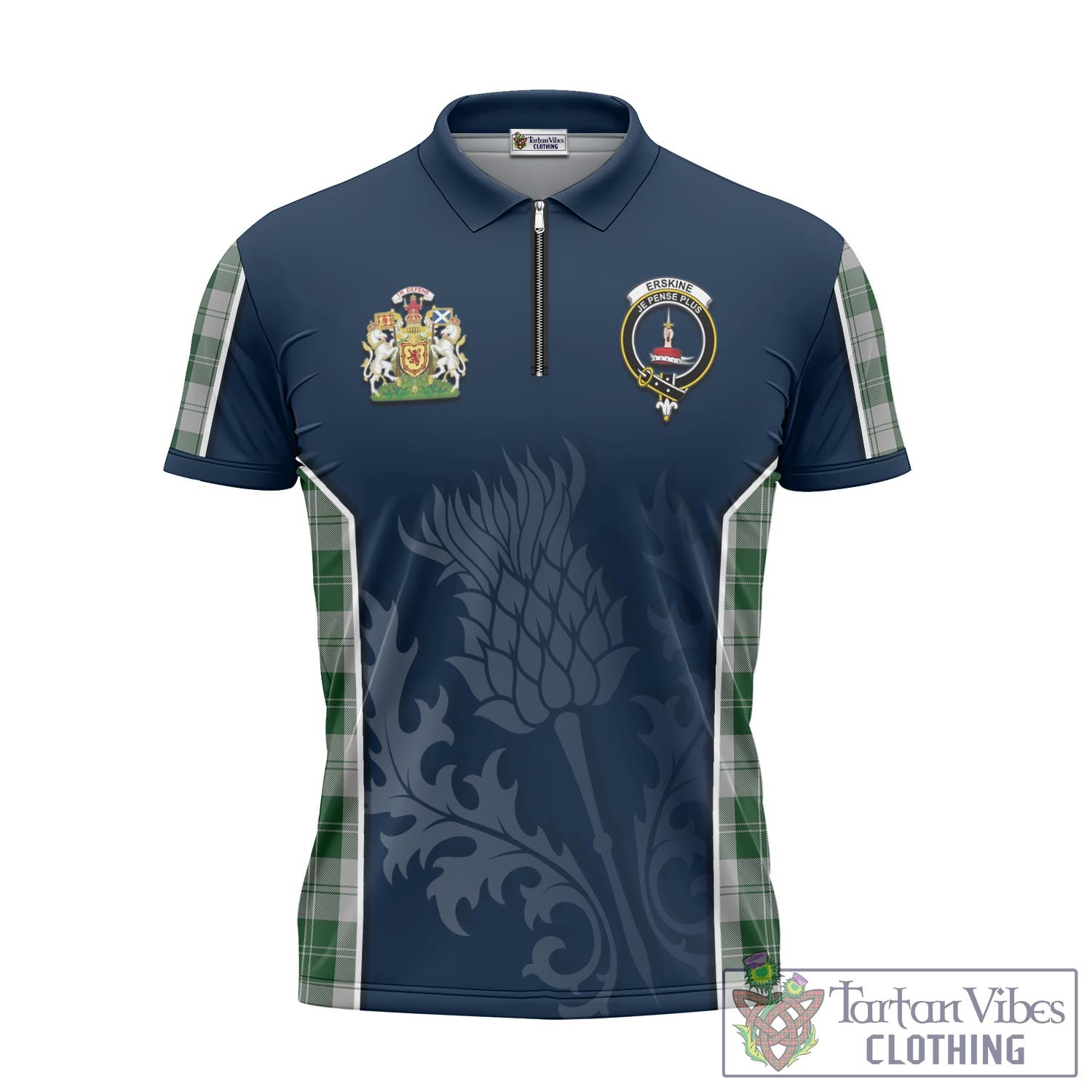 Tartan Vibes Clothing Erskine Green Tartan Zipper Polo Shirt with Family Crest and Scottish Thistle Vibes Sport Style