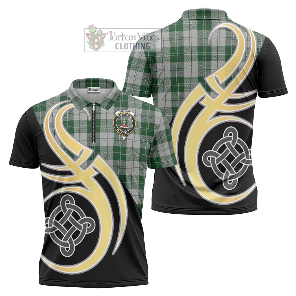 Tartan Vibes Clothing Erskine Green Tartan Zipper Polo Shirt with Family Crest and Celtic Symbol Style