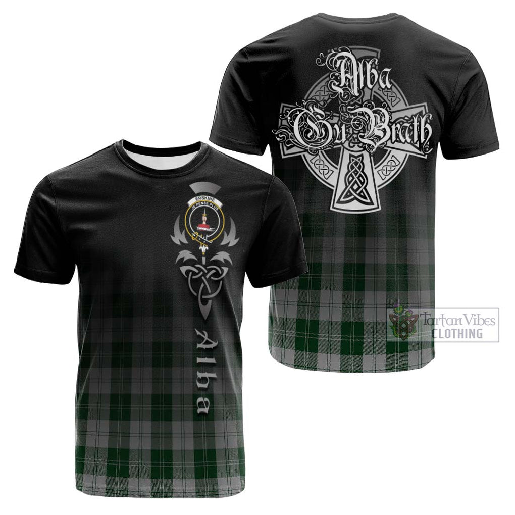 Tartan Vibes Clothing Erskine Green Tartan Cotton T-shirt Featuring Alba Gu Brath Family Crest Celtic Inspired