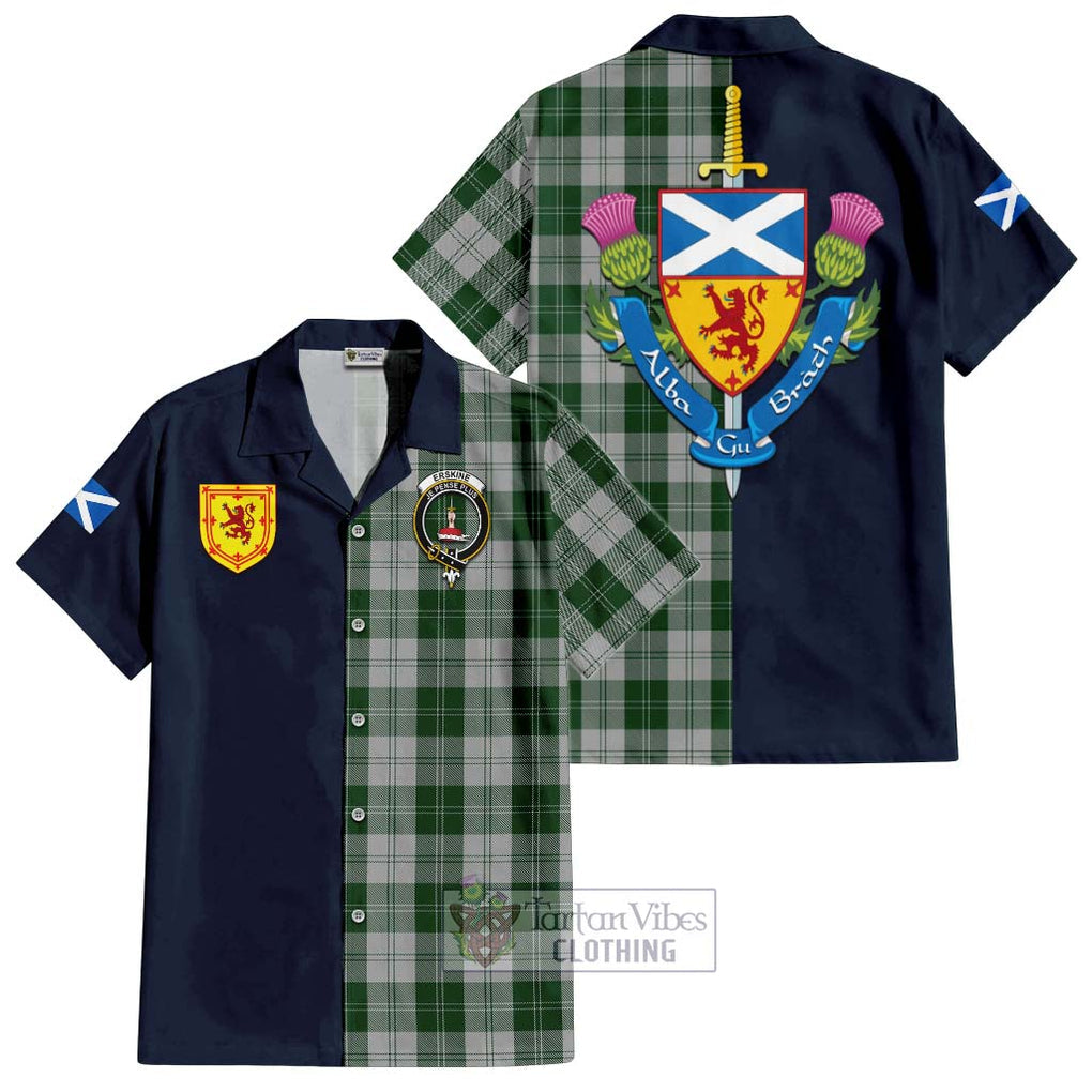 Tartan Vibes Clothing Erskine Green Tartan Short Sleeve Button Shirt with Scottish Lion Royal Arm Half Style