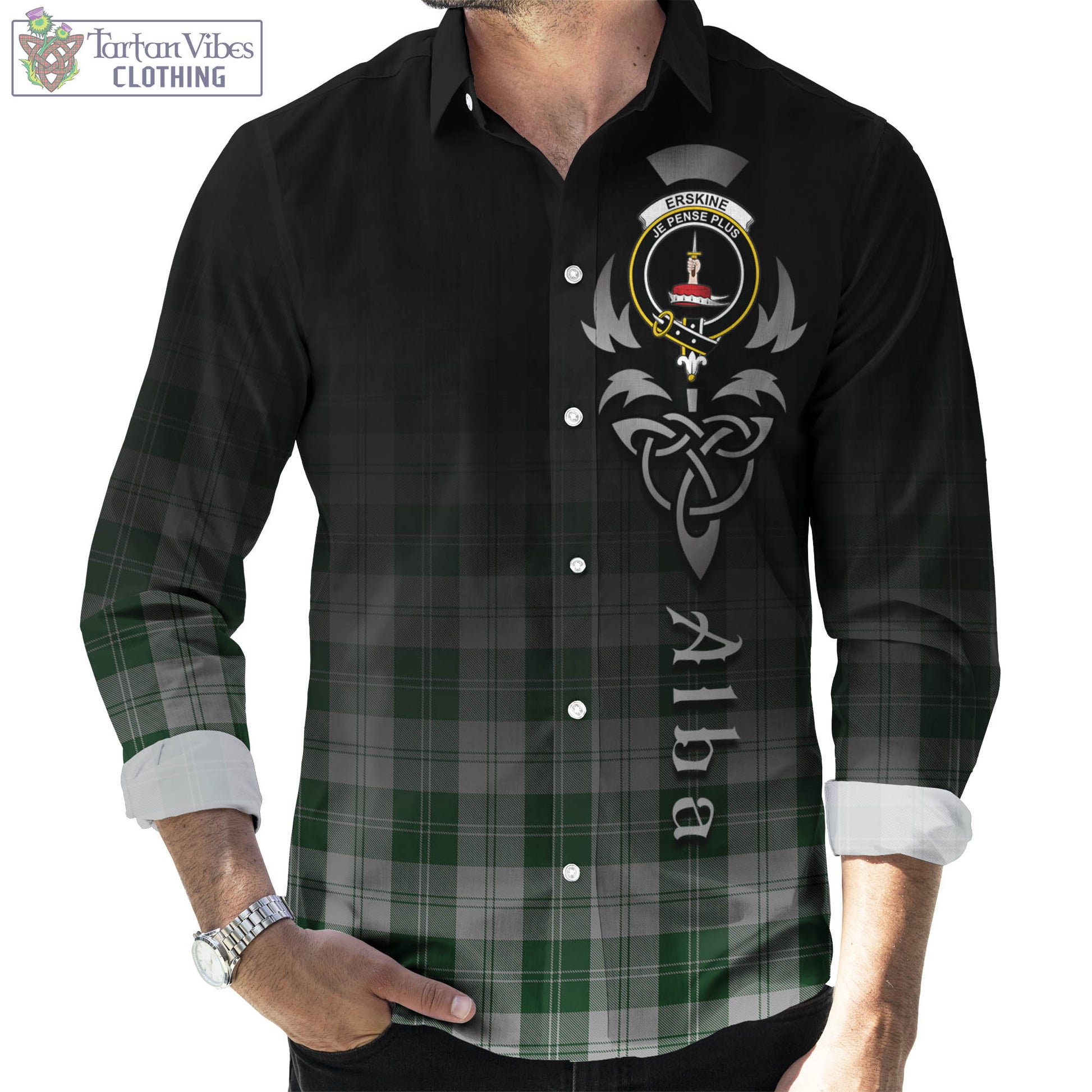 Tartan Vibes Clothing Erskine Green Tartan Long Sleeve Button Up Featuring Alba Gu Brath Family Crest Celtic Inspired