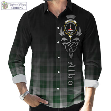 Erskine Green Tartan Long Sleeve Button Up Featuring Alba Gu Brath Family Crest Celtic Inspired