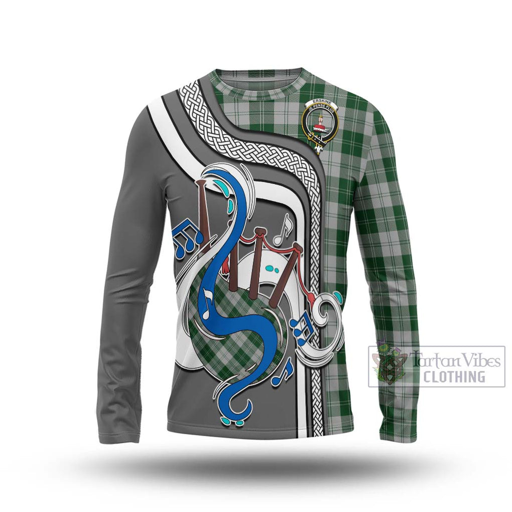 Tartan Vibes Clothing Erskine Green Tartan Long Sleeve T-Shirt with Epic Bagpipe Style