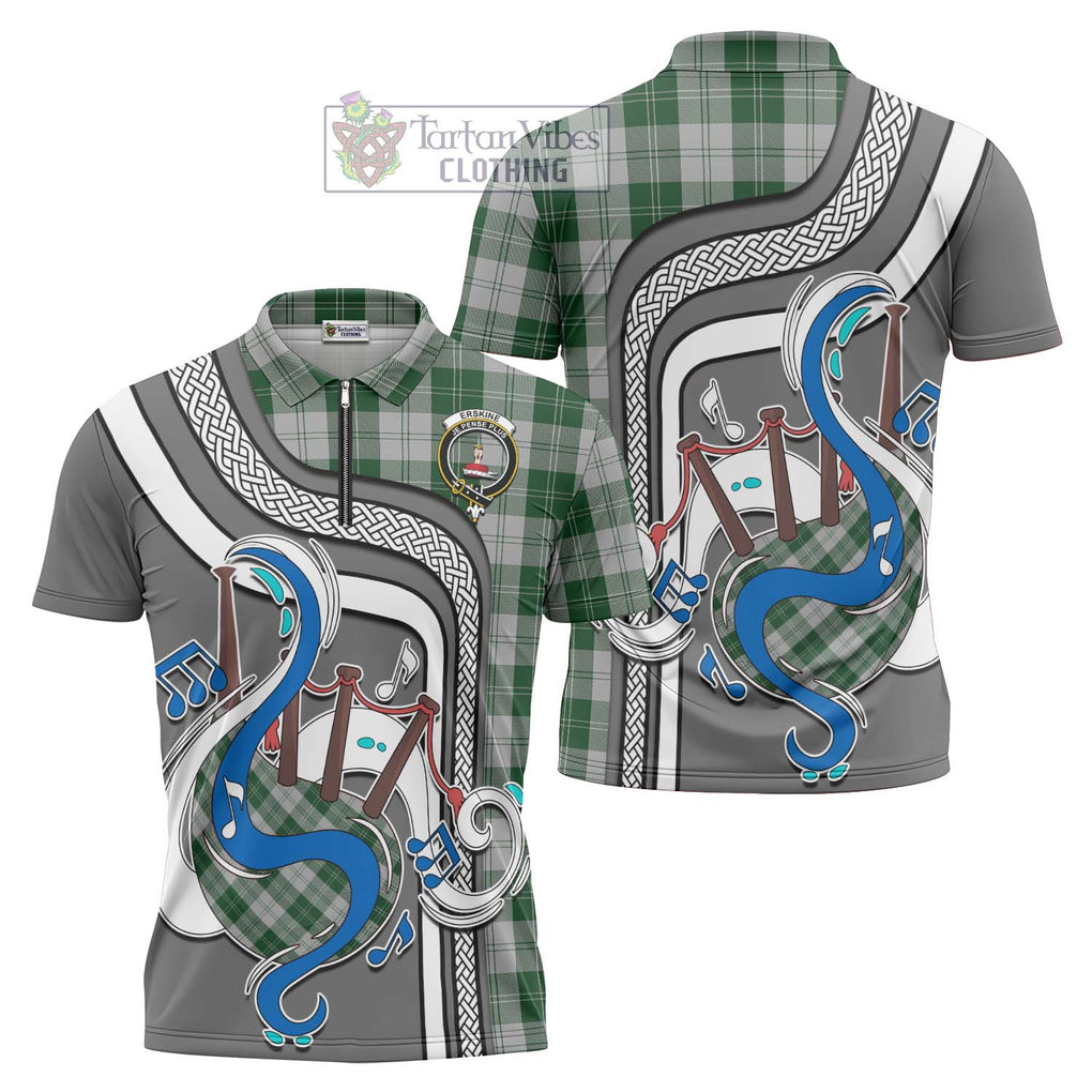 Erskine Green Tartan Zipper Polo Shirt with Epic Bagpipe Style Unisex - Tartanvibesclothing Shop