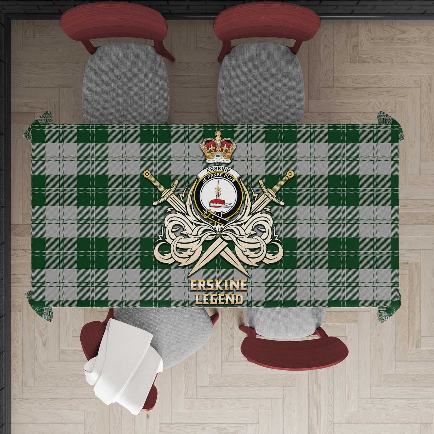 Tartan Vibes Clothing Erskine Green Tartan Tablecloth with Clan Crest and the Golden Sword of Courageous Legacy