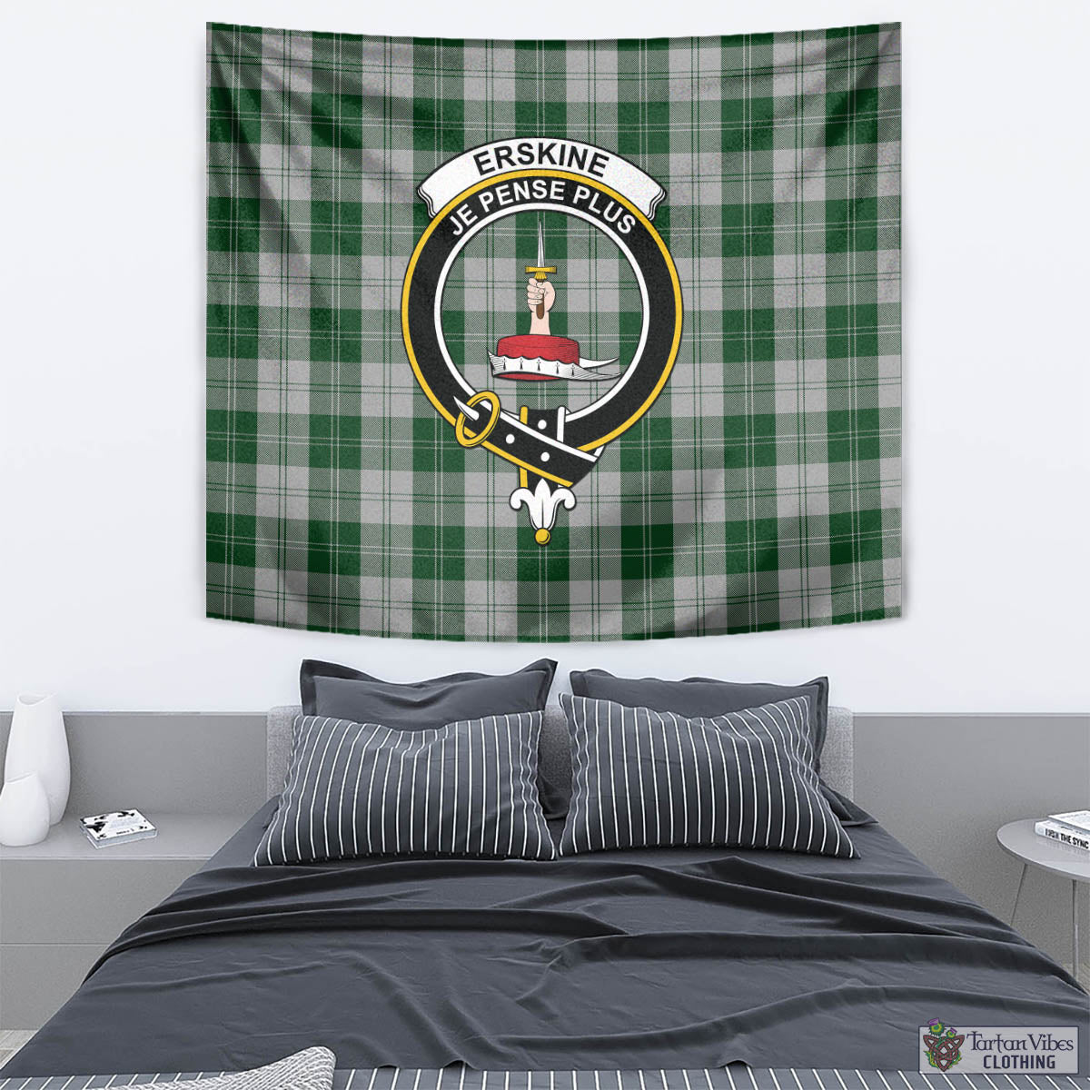 Tartan Vibes Clothing Erskine Green Tartan Tapestry Wall Hanging and Home Decor for Room with Family Crest