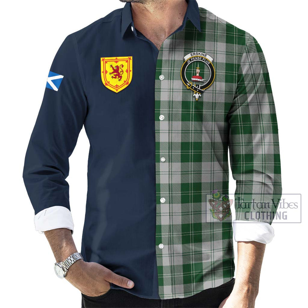 Tartan Vibes Clothing Erskine Green Tartan Long Sleeve Button Shirt with Scottish Lion Royal Arm Half Style