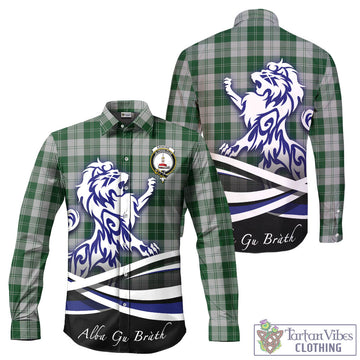 Erskine Green Tartan Long Sleeve Button Up Shirt with Alba Gu Brath Regal Lion Emblem